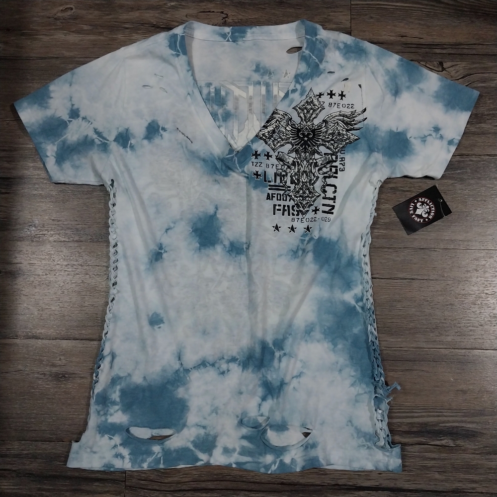 Affliction Shirt Womens L Iron Armada Blue Tie Dye Tee Live Fast Biker Punk Y2K - Picture 2 of 9